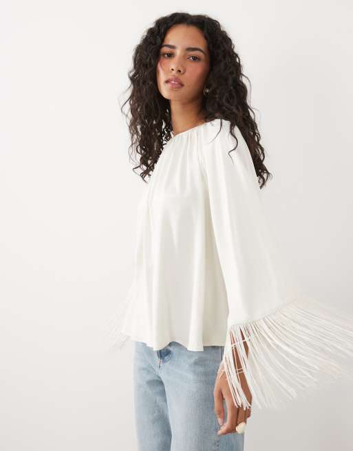 ASOS DESIGN a-line satin top with fringe trim in ecru, 4 of 4