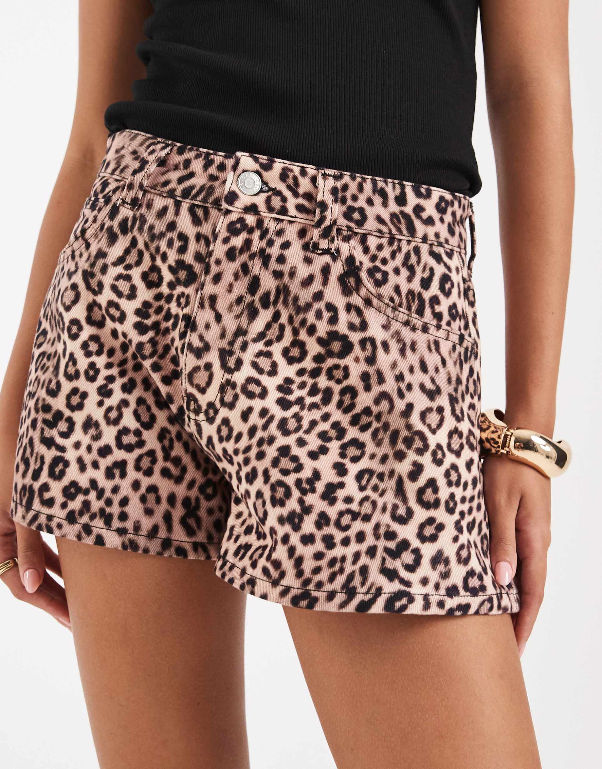asos design a-line shorts in leopard denim