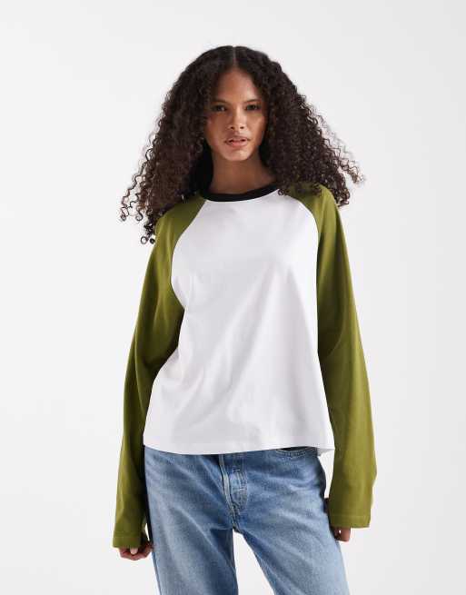 ASOS DESIGN - a maniche lunghe oversize stile baseball color block verde e bianco