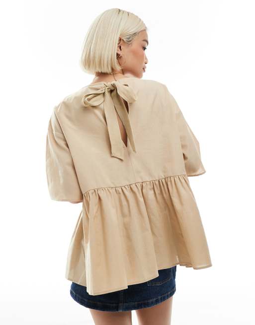 ASOS DESIGN - Aangerimpeld oversized blouse met linnenlook, peplum en korte mouwen in stone, 3 van 4