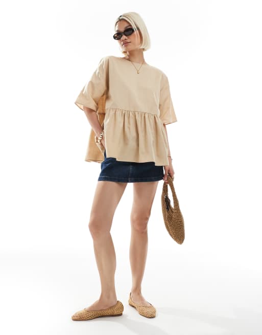 ASOS DESIGN - Aangerimpeld oversized blouse met linnenlook, peplum en korte mouwen in stone, 4 van 4