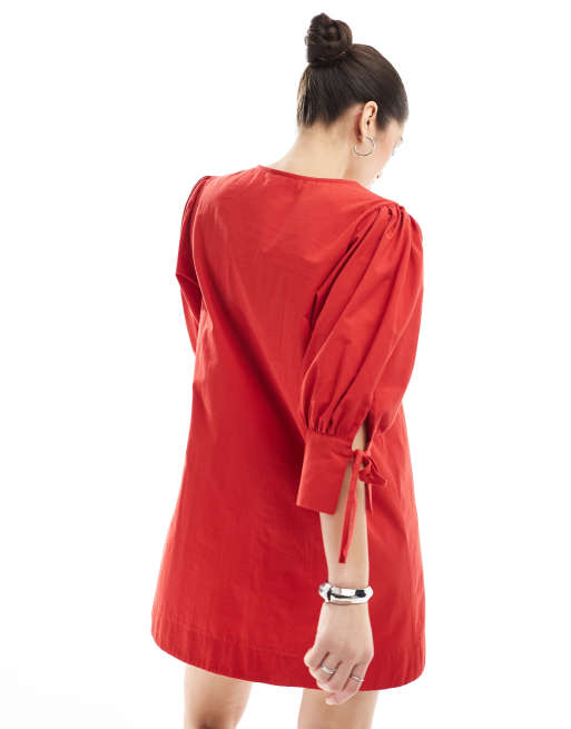 ASOS DESIGN - Aangerimpelde babydoll mini jurk van popeline in rood, 4 van 4