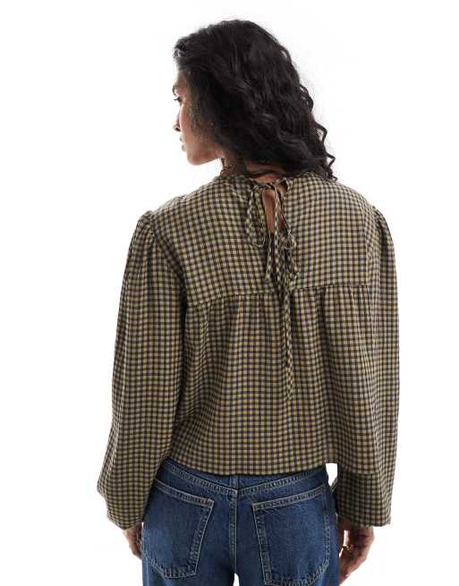 ASOS DESIGN - Aangerimpelde blouse met lange mouwen in kaki gingham ruit, 3 van 4