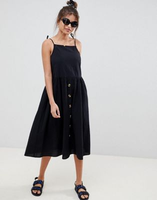 ASOS DESIGN - Aangerimpelde casual midi-zomerjurk in cami-model met knopen-Zwart