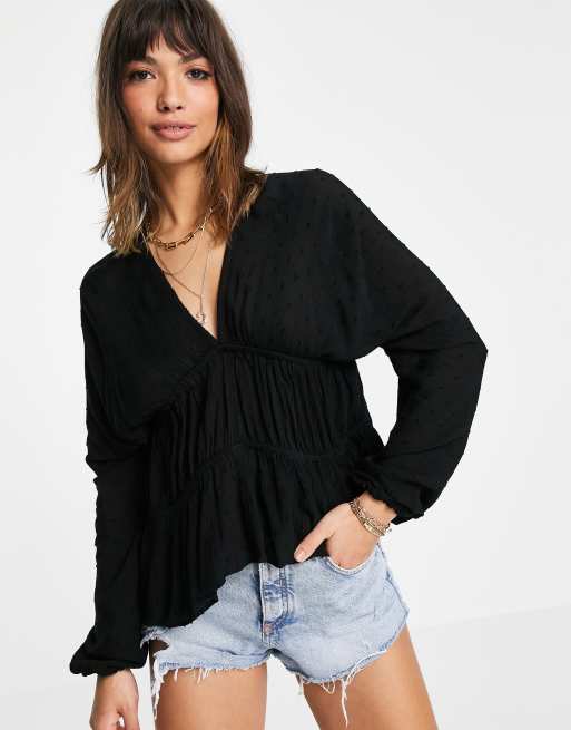 ASOS DESIGN - Aangerimpelde dobby top in zwart