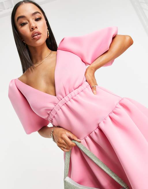 ASOS DESIGN - Aangerimpelde, elastische mini skaterjurk met pofmouwen in kauwgomroze, 3 van 4