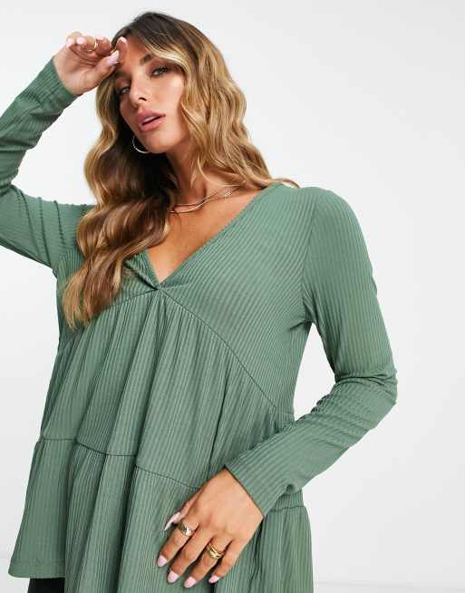 ASOS DESIGN - Aangerimpelde, geribbelde top met lange mouwen in groen