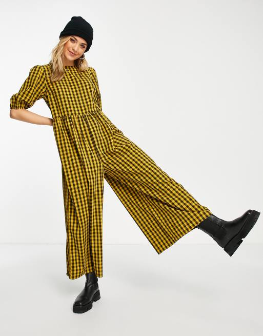 ASOS DESIGN - Aangerimpelde jumpsuit met korte mouwen in mosterdgele ruit 