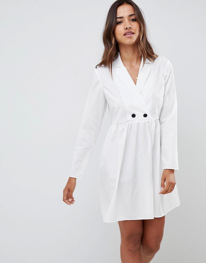 ASOS DESIGN - Aangerimpelde katoenen mini-jurk met lange mouwen-Wit