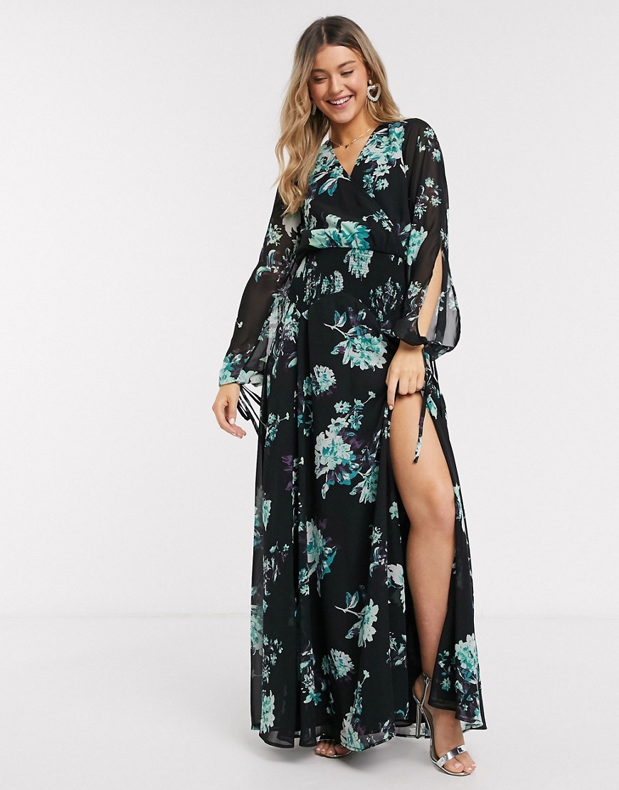 ASOS DESIGN - Aangerimpelde lange jurk met bloemenprint-Multi