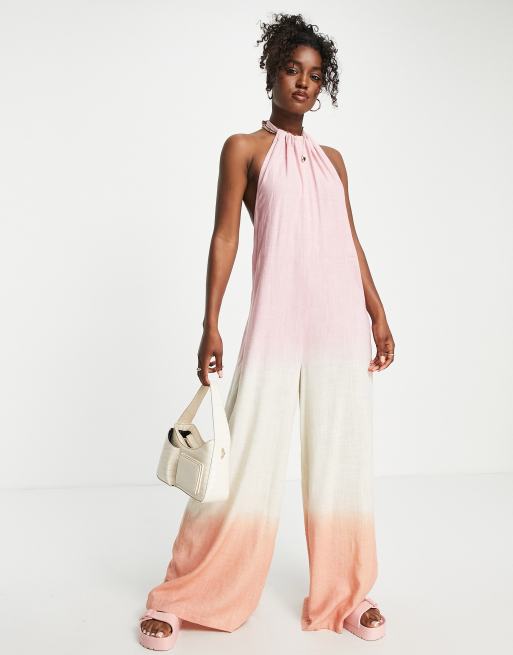 ASOS DESIGN - Aangerimpelde linnen jumpsuit met halternek en kleurverloop