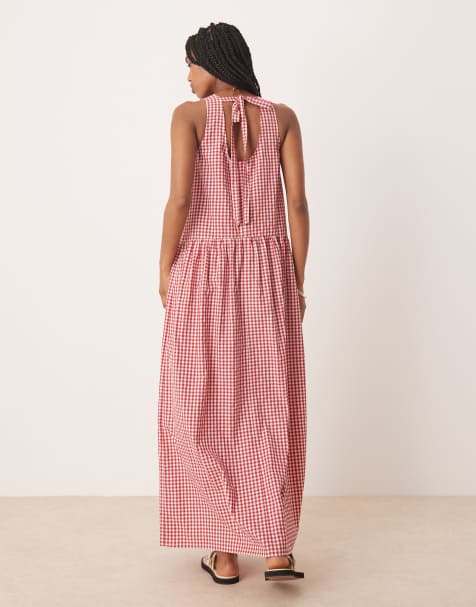 ASOS DESIGN - Aangerimpelde maxi jurk met strik aan de achterkant en gingham ruit in rood - view 1