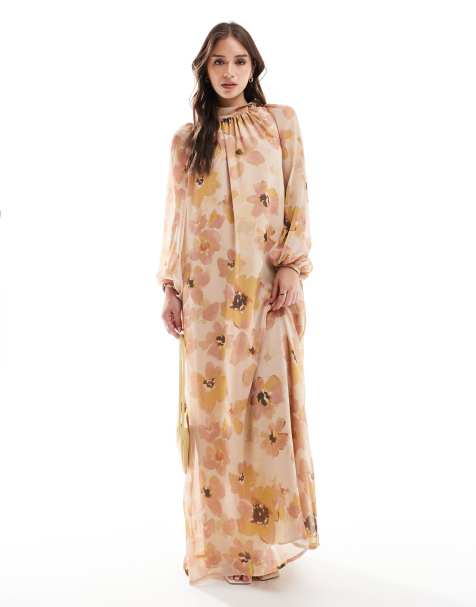 ASOS DESIGN - Aangerimpelde maxi-jurk met strik aan de hals in roze bloemenprint - view 1