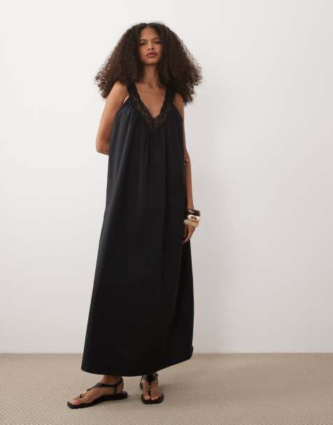 ASOS DESIGN - Aangerimpelde maxi-zonnejurk van popeline met V-hals en kanten laag in zwart - view 1