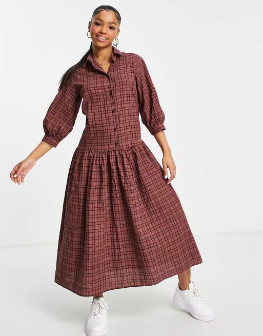ASOS DESIGN - Aangerimpelde midi-jurk met knoopsluiting in bordeauxrode ruit