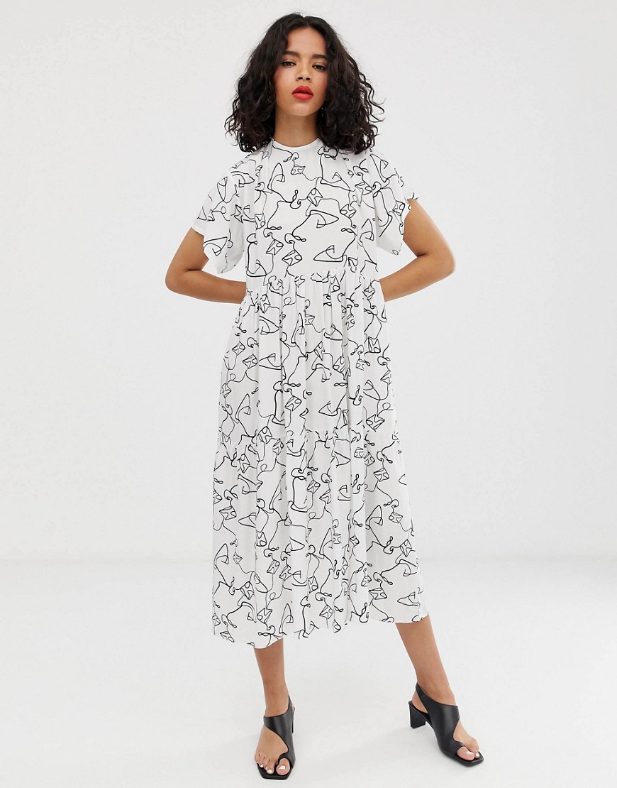ASOS DESIGN - Aangerimpelde midi-jurk met open achterkant en print-Multi