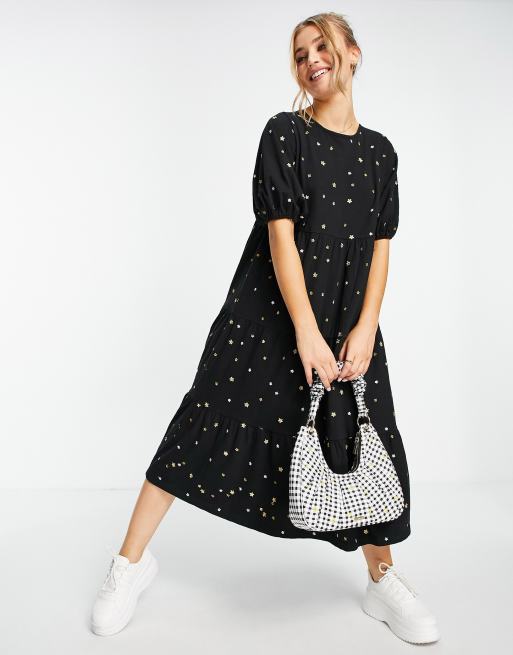 ASOS DESIGN - Aangerimpelde midi-jurk met stroken en bedenkt met geborduurde sterren in zwart 