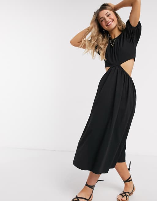 ASOS DESIGN - Aangerimpelde midi-jurk met uitsnijding in zwart