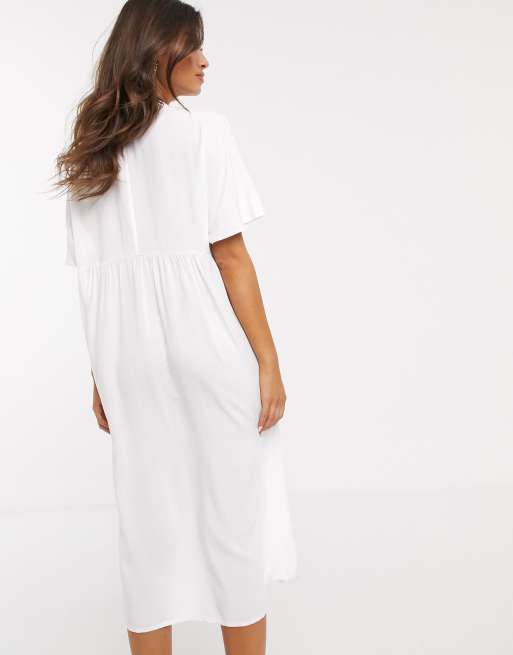 ASOS DESIGN - Aangerimpelde midi-jurk met V-hals en knopen in wit, 2 van 4