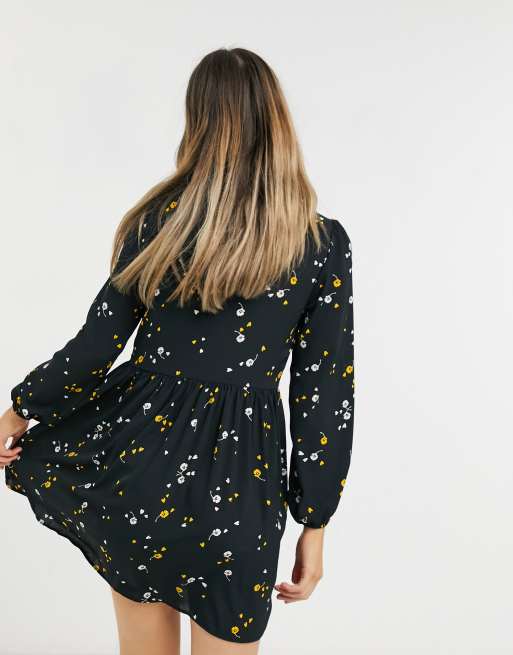 ASOS DESIGN - Aangerimpelde mini-jurk met lange mouwen en knoopsluiting met bloemen, 2 van 4