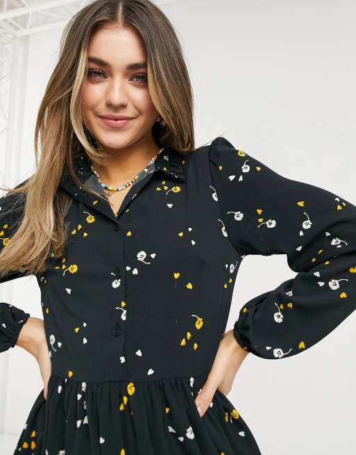 ASOS DESIGN - Aangerimpelde mini-jurk met lange mouwen en knoopsluiting met bloemen, 3 van 4