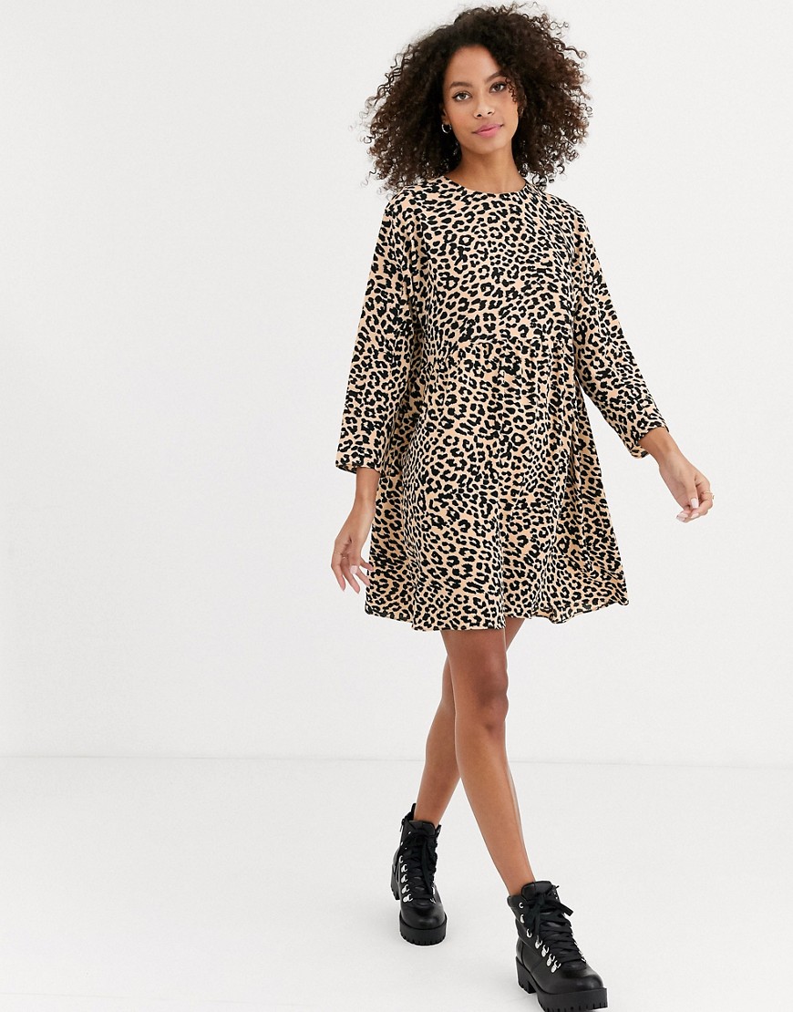 ASOS DESIGN - Aangerimpelde mini-jurk met lange mouwen en luipaardprint-Multi
