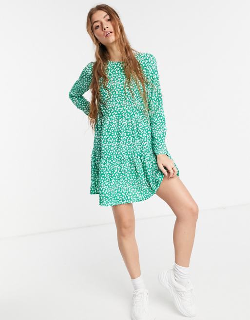 ASOS DESIGN - Aangerimpelde mini-jurk met lange mouwen, stroken en bloemenprint in groen