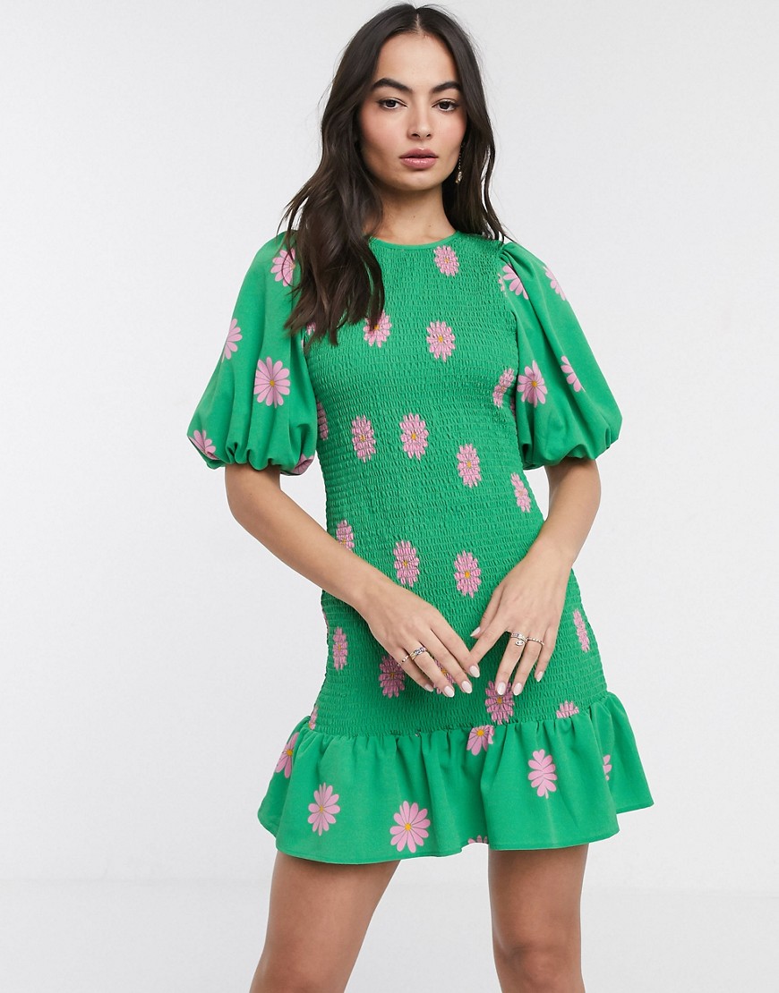 ASOS DESIGN - Aangerimpelde mini-jurk met pofmouwen en bloemenprint-Multi
