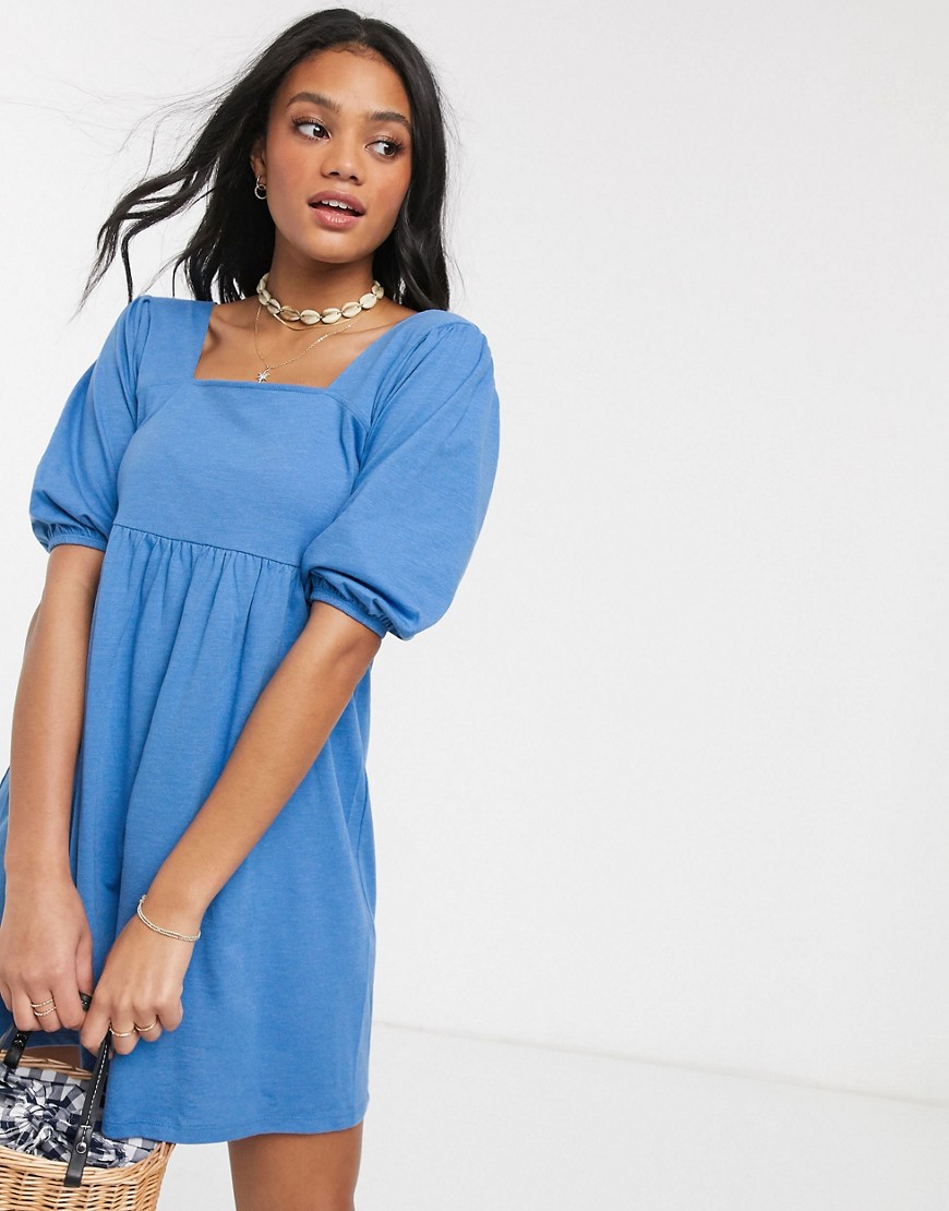 ASOS DESIGN - Aangerimpelde mini-jurk met pofmouwen in blauw