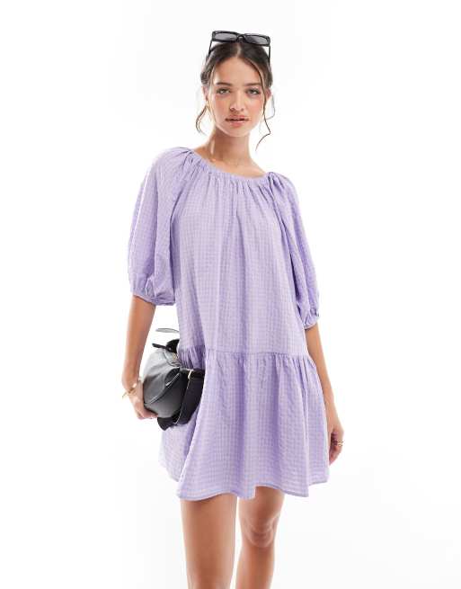 ASOS DESIGN - Aangerimpelde mini jurk met pofmouwen in lila gingham ruit