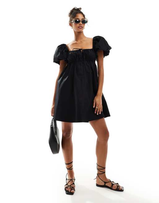 ASOS DESIGN - Aangerimpelde mini-jurk met pofmouwen in zwart