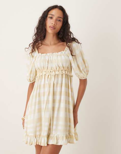 ASOS DESIGN - Aangerimpelde mini jurk met pofmouwen, vierkante hals en ruiten in geel - view 1