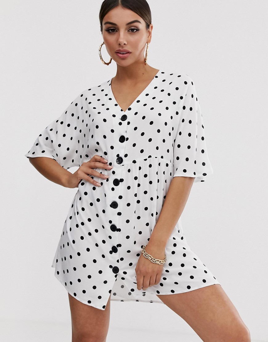 ASOS DESIGN - Aangerimpelde mini-jurk met V-hals, knopen en zwart-witte stippen-Multi