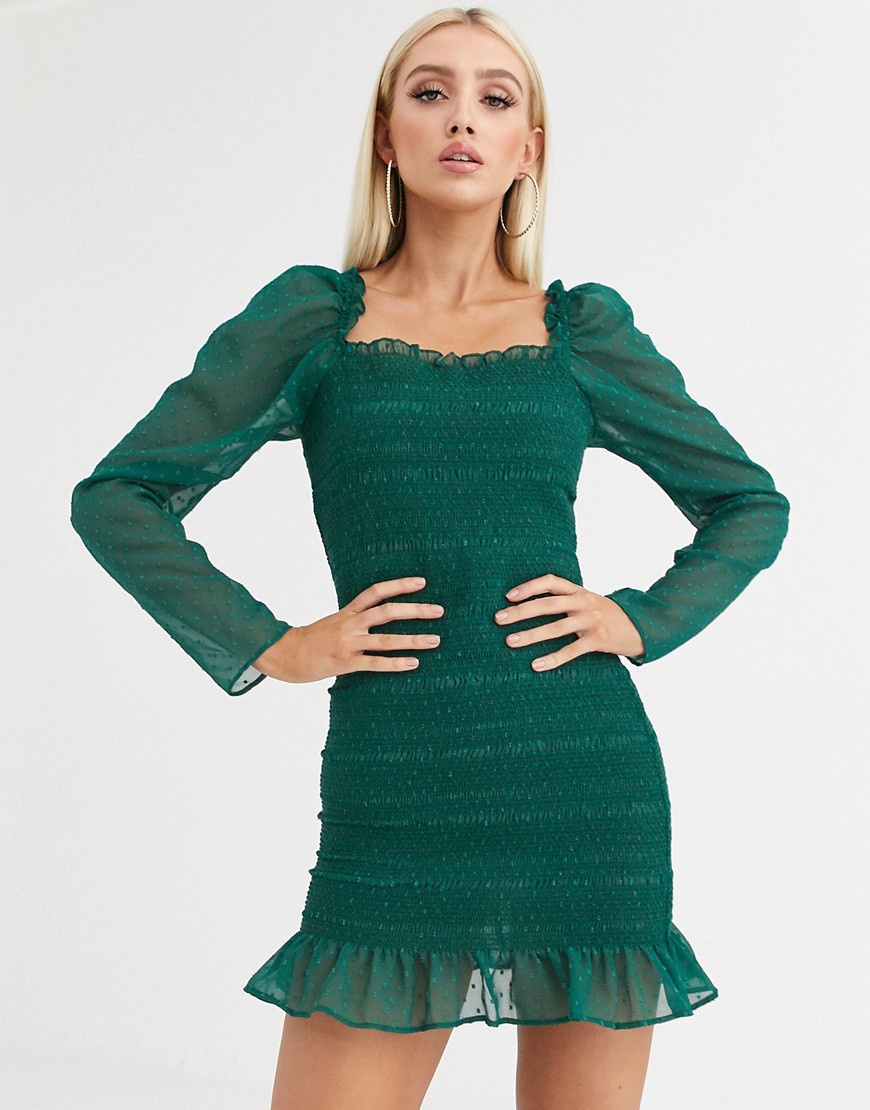 ASOS DESIGN - Aangerimpelde mini-jurk van dobby in bosgroen