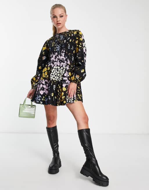 ASOS DESIGN - Aangerimpelde mini jurk van katoen met print in zwart, 2 van 4
