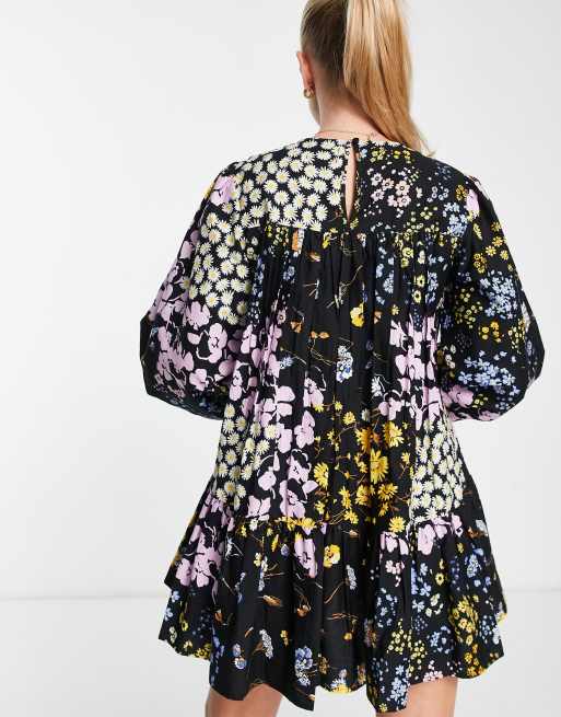 ASOS DESIGN - Aangerimpelde mini jurk van katoen met print in zwart, 4 van 4