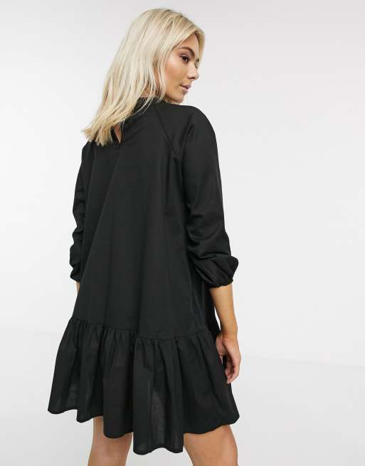 ASOS DESIGN - Aangerimpelde mini-jurk van katoenen poplin met strook in zwart, 2 van 4