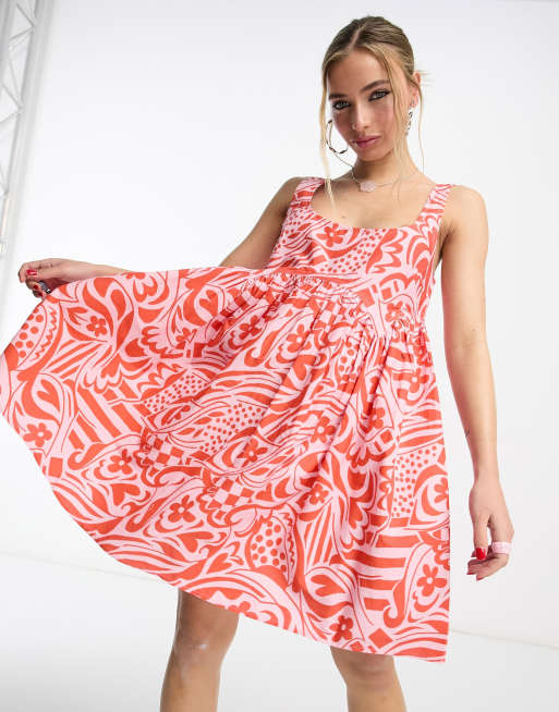 ASOS DESIGN - Aangerimpelde mini-zonnejurk met vierkante hals en print in roze en rood