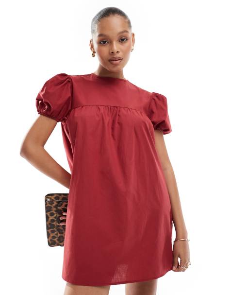 ASOS DESIGN - Aangerimpelde poplin babydoll-jurk met pofmouwen in rood - view 1