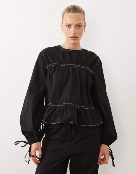 ASOS DESIGN - Aangerimpelde top met contrasterende stiksels in zwart, deel van co-ord set - view 1