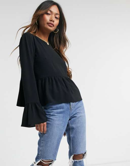 ASOS DESIGN - Aangerimpelde top met lange mouwen in zwart