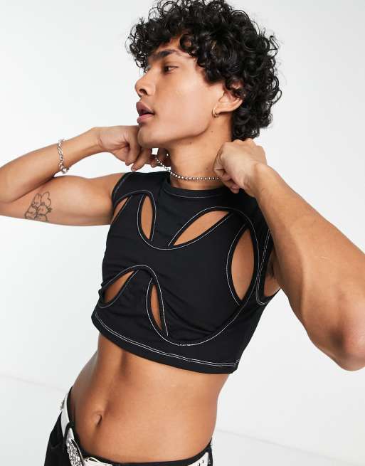 ASOS DESIGN - Aansluitend crop hemdje in zwart met uitsnijdingen en biezen