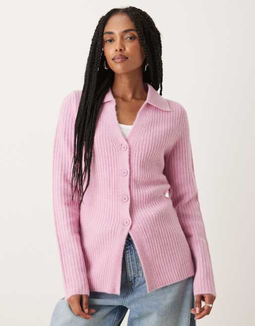 ASOS DESIGN - Aansluitend gebreid overhemd met lange pasvorm in lila roze