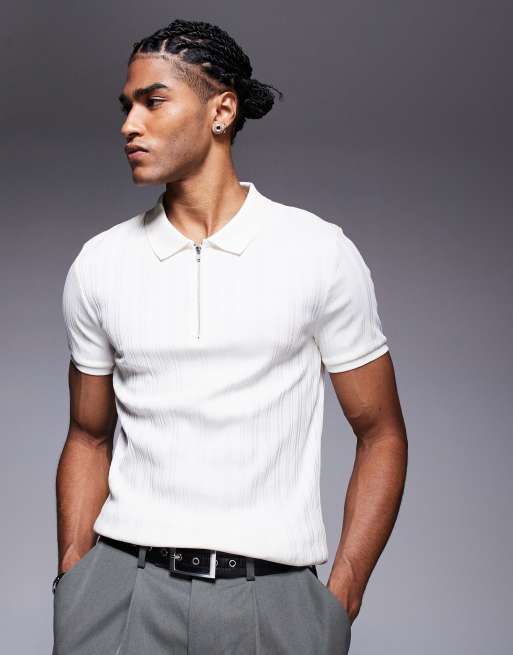 ASOS DESIGN - Aansluitend geribbeld poloshirt met textuur in crème