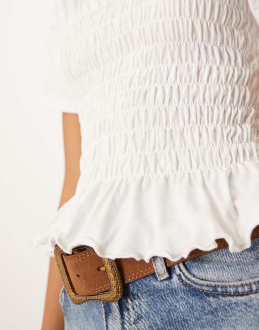 ASOS DESIGN - Aansluitend katoenen T-shirt met gesmokte taille in ivoorwit, 3 van 4