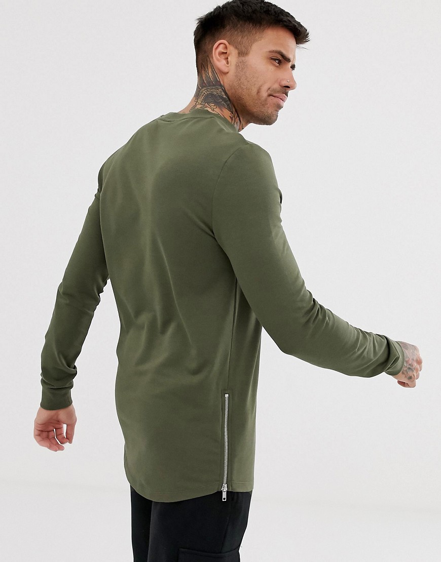 ASOS DESIGN - Aansluitend lang sweatshirt met ronde zoom en zilveren zijritsen in kaki-Groen