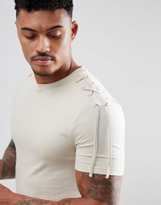 ASOS DESIGN - Aansluitend lang T-shirt met stretch en ronde zoom en vetersluiting op de schouder in beige