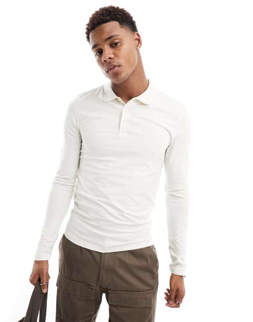 ASOS DESIGN - Aansluitend poloshirt met lange mouwen in beige