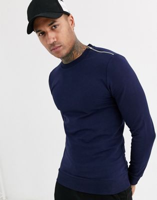 ASOS DESIGN - Aansluitend sweatshirt in marineblauw met zilveren ritsen aan de hals