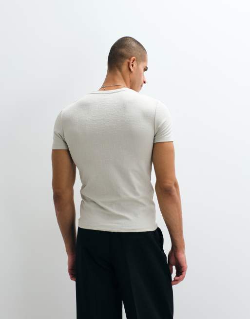 ASOS DESIGN - Aansluitend T-shirt met Henley-hals en kreukeltextuur in grijs, 3 van 5
